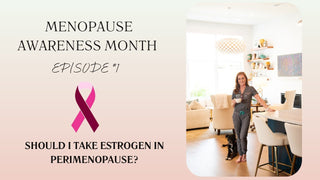 A woman smiling, representing midlife wellness, with text overlay 'Should I Take Estrogen in Perimenopause?' for an article on Dreamey CloudThera bedding.