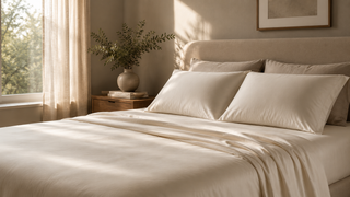 A woman with healthy, smooth hair resting peacefully on a Dreamey CloudThera pillowcase, illustrating nightly hair protection.