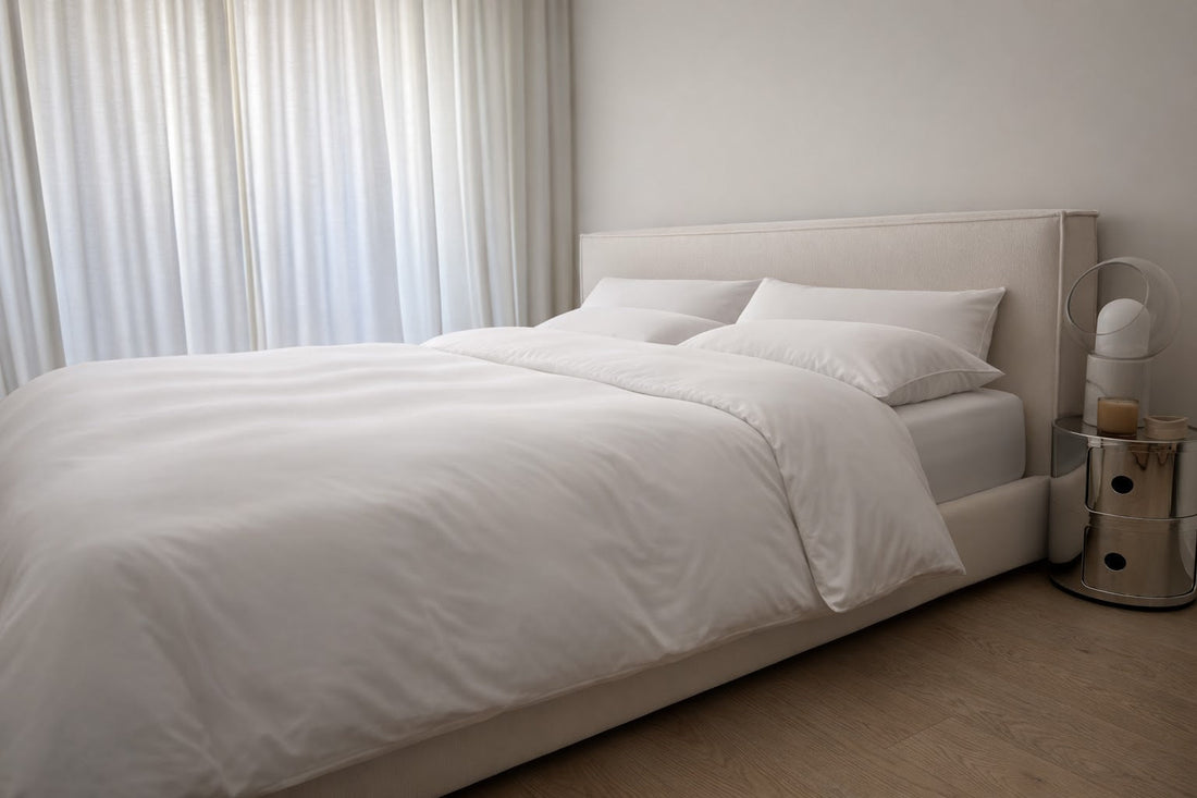Best sheets for hot sleepers, breathable Cloud White eucalyptus sheet set with sheer-curtain daylight