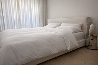 Best sheets for hot sleepers, breathable Cloud White eucalyptus sheet set with sheer-curtain daylight
