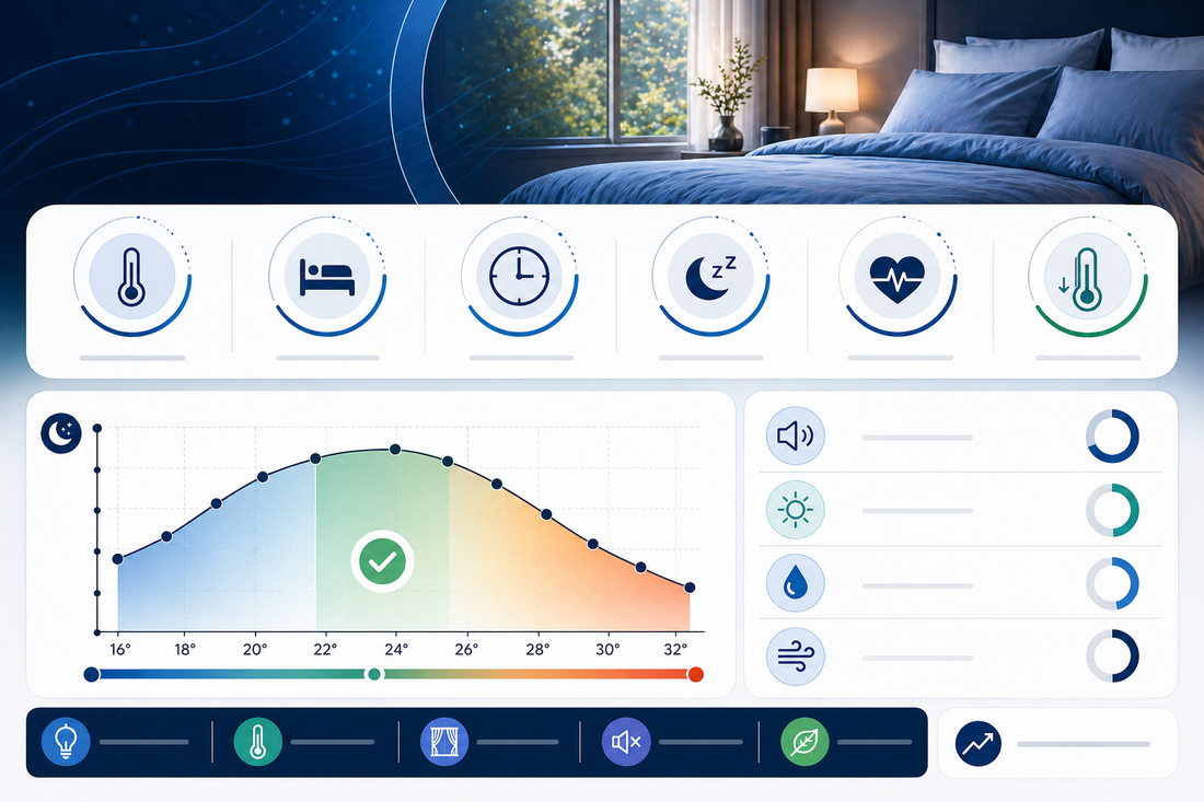 A scientific infographic displaying key sleep environment statistics for 2026, with graphs showing the correlation between bedroom temperature and sleep quality.