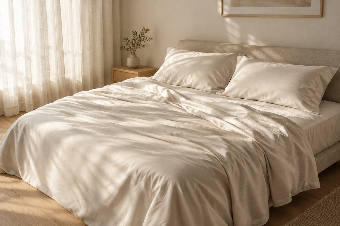 Rumpled ivory sateen bed sheets and pillows in warm morning light, the everyday surface to weigh against polyester microfiber sheets