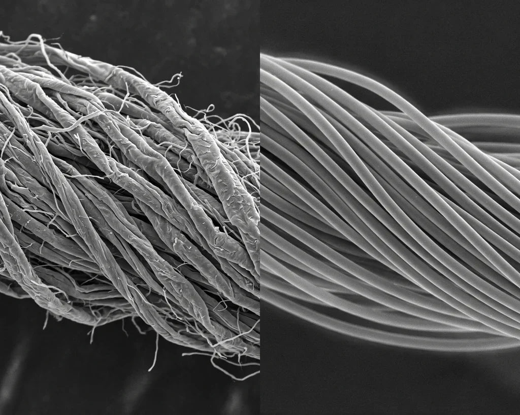 Electron microscope comparison of rough cotton fibers beside smooth eucalyptus lyocell filaments