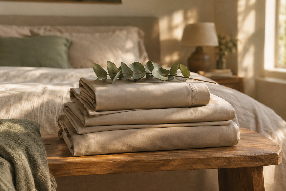 Folded stack of oat-colored eucalyptus lyocell sateen sheets with a fresh eucalyptus sprig on top, what to check before you buy eucalyptus sheets