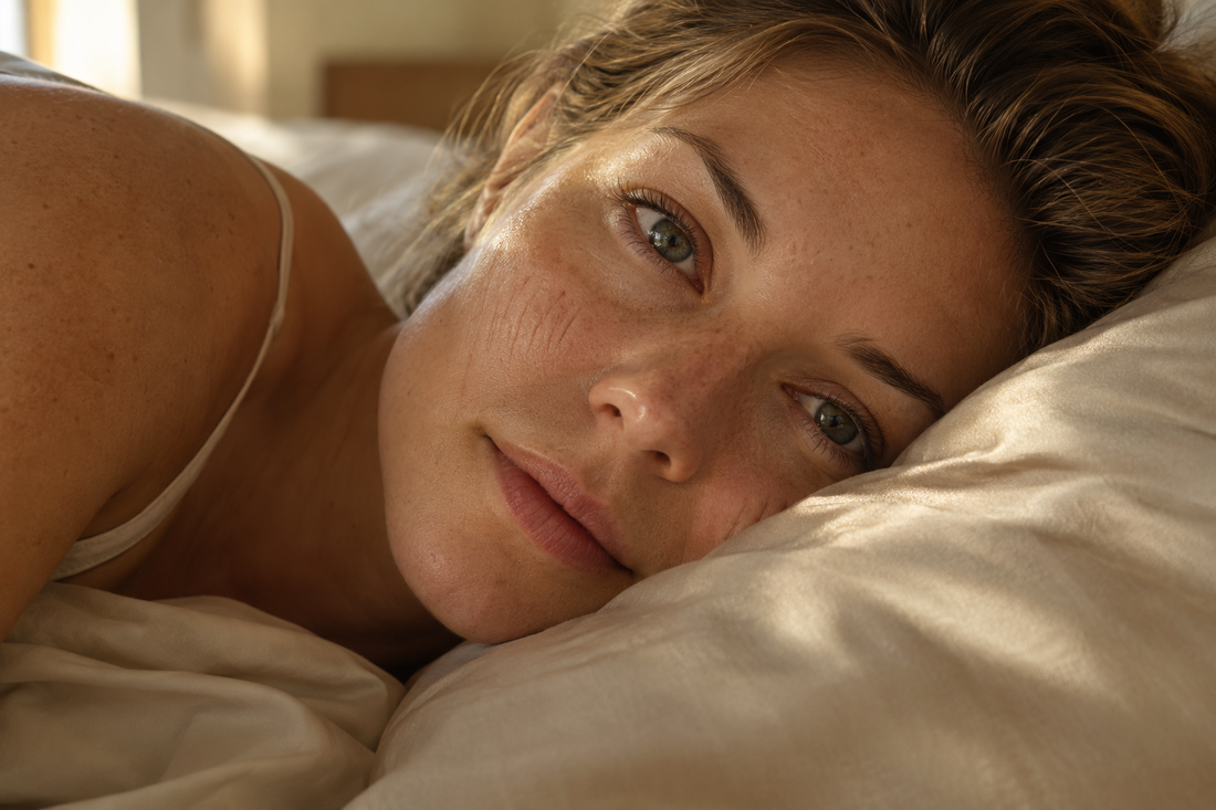 Woman lying on her side in warm morning light with faint sleep lines on her cheek, one of the 4 types of fine lines