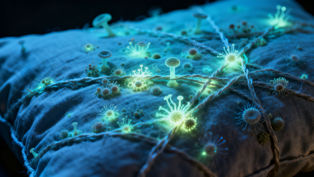 A microscopic view of bacteria and fungal spores on the threads of a pillowcase fabric, glowing under a dark, scientific light.