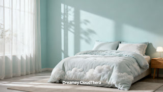 A serene, minimalist bedroom with soft, light-colored Dreamey CloudThera bedding, emphasizing a cool and comfortable sleep environment.