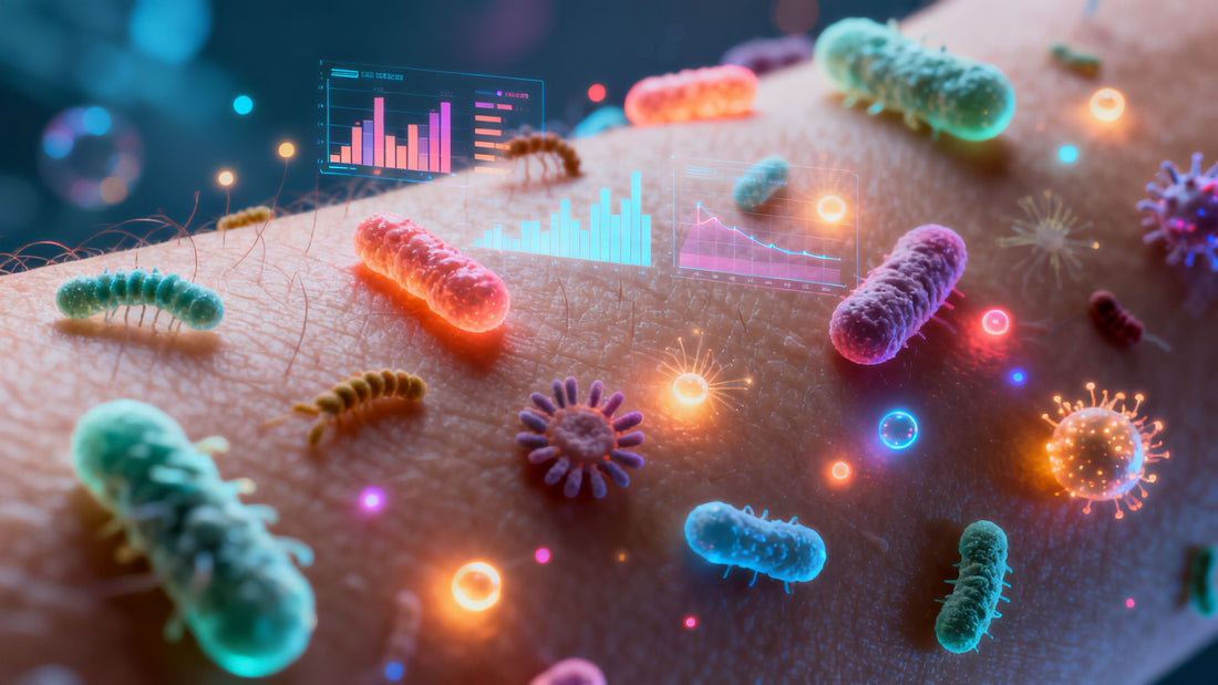 An abstract, scientific visualization of the human skin microbiome, showing diverse bacteria and microorganisms on a microscopic level, with glowing data points and charts overlaid.