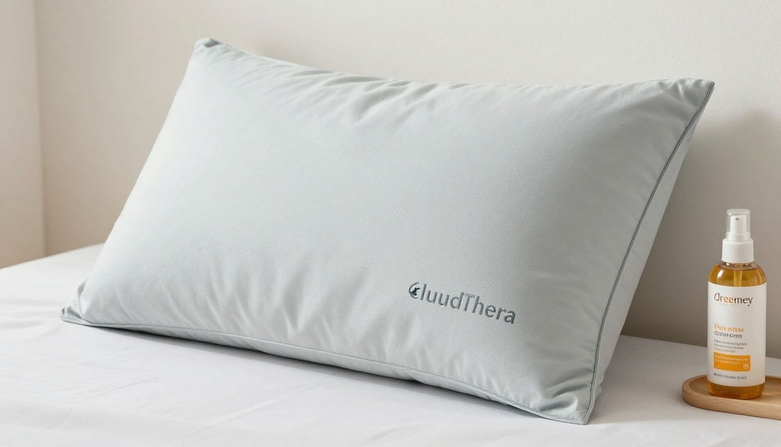 A light blue pillow with the CloudThera logo sits on a white bed.