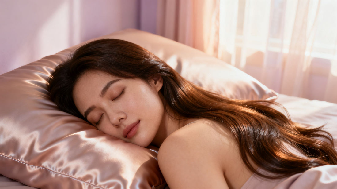 A woman with long, healthy hair sleeping peacefully on a smooth, luxurious Dreamey CloudThera pillowcase in a softly lit bedroom.