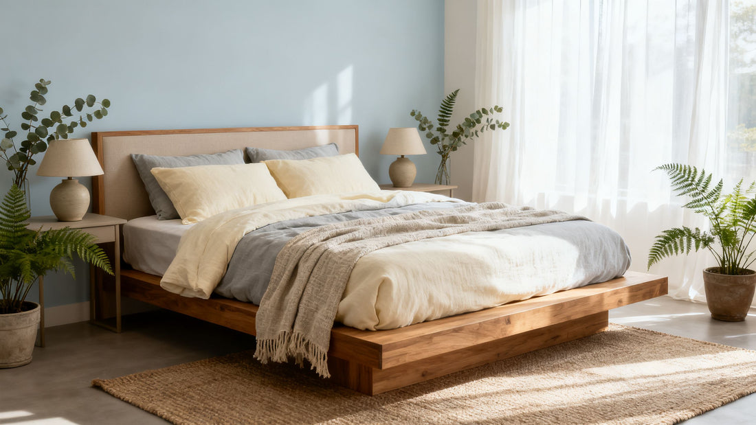 A serene and peaceful bedroom scene with soft, breathable bedding, focusing on comfort and freshness for midlife wellness.