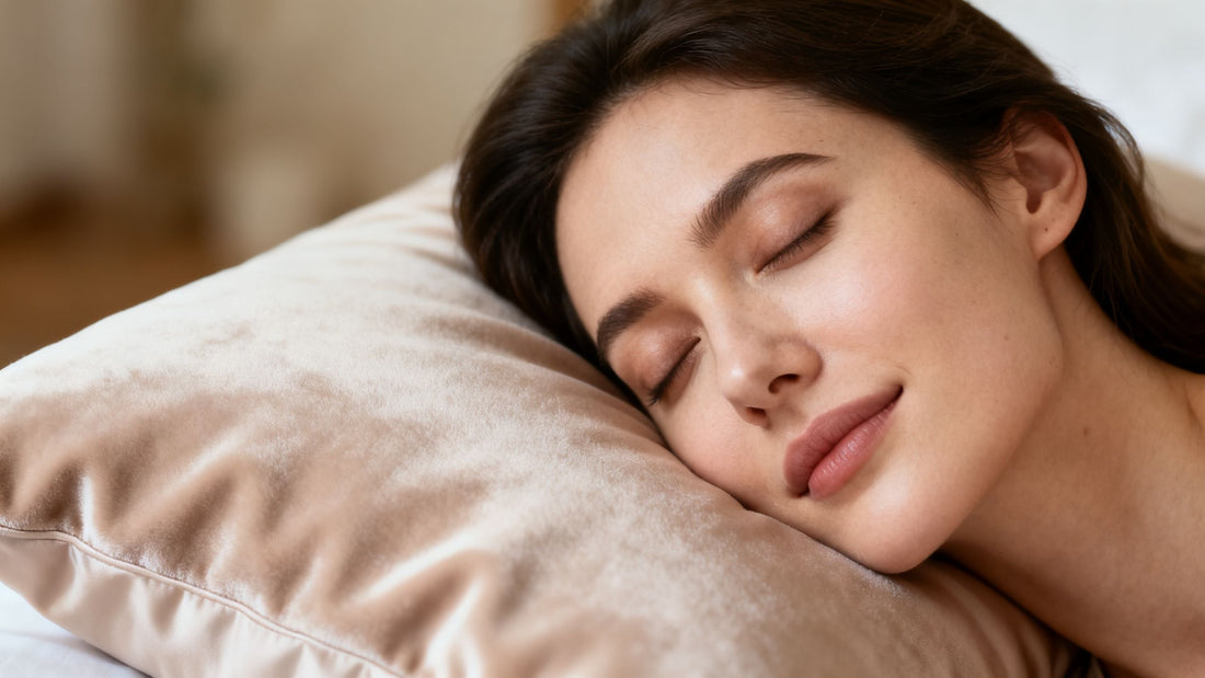 A close-up of a Dreamey CloudThera™ pillowcase in Soft Cashmere, showing its smooth, gentle texture next to a woman's serene face.