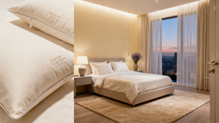 A luxurious and minimalist bedroom setting featuring Dreamey CloudThera pillowcases in Buttercream White, designed for hair and skin care.