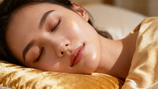 A close-up of a person with glowing skin sleeping on a soft Dreamey CloudThera pillowcase, highlighting skin health and comfort.