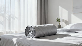 A clean, minimalist modern bedroom emphasizing healthy skin recovery with Dreamey CloudThera bedding featuring a soft texture.