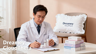 A dermatologist reviewing skincare products with a Dreamey CloudThera pillowcase visible in the background, promoting healthy aging.