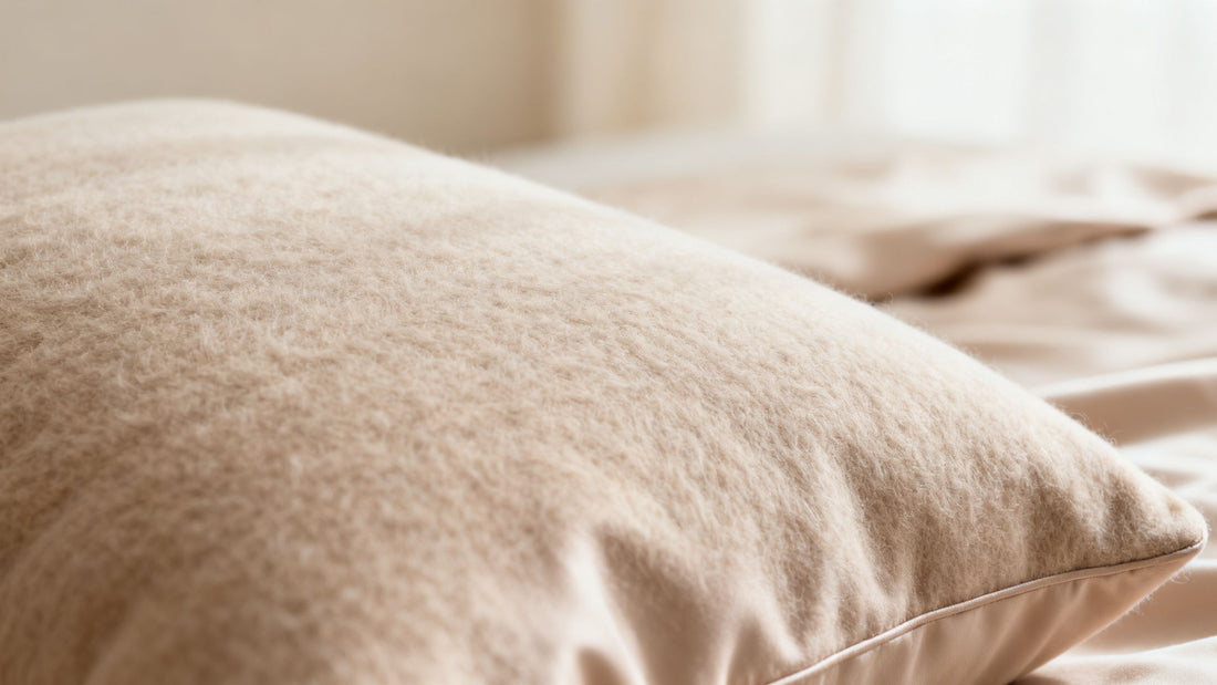 A luxurious, soft-looking Dreamey CloudThera pillowcase in a neutral soft cashmere color, with a close-up showing the smooth, gentle texture of the fabric.