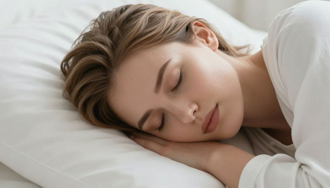 Woman sleeping peacefully on a white pillow.