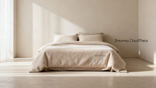 A serene, minimalist bedroom featuring Dreamey CloudThera bedding in Soft Cashmere, emphasizing comfort and temperature regulation.
