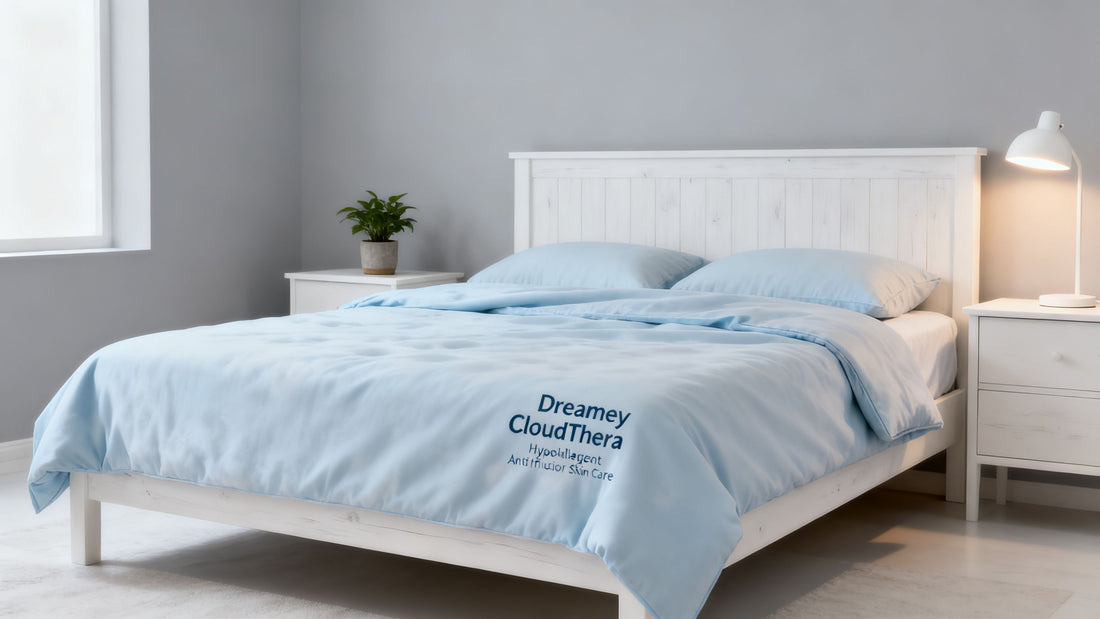 A clean, minimalist bedroom setting featuring Dreamey CloudThera bedding, emphasizing hypoallergenic and anti-friction skin care benefits.