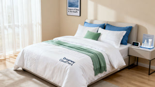 A clean, modern bedroom featuring Dreamey CloudThera bedding, highlighting the science of sleep and skin health.