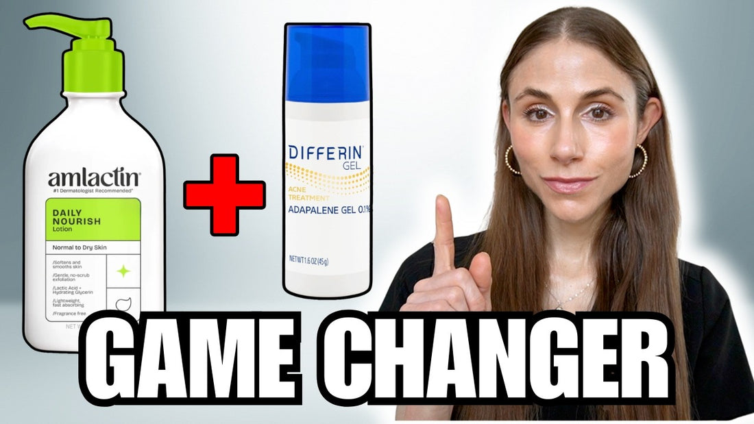 A dermatologist explains the benefits of combining Amlactin and retinoids, with an overlay of product bottles.