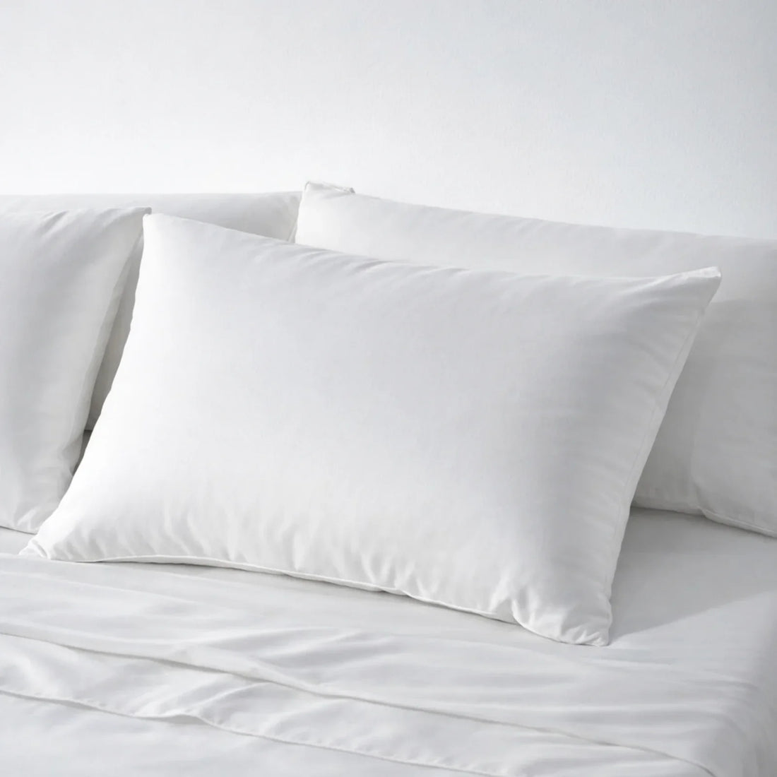 Clean white eucalyptus lyocell pillowcases on a made bed, the surface skin rests against for 8 hours a night