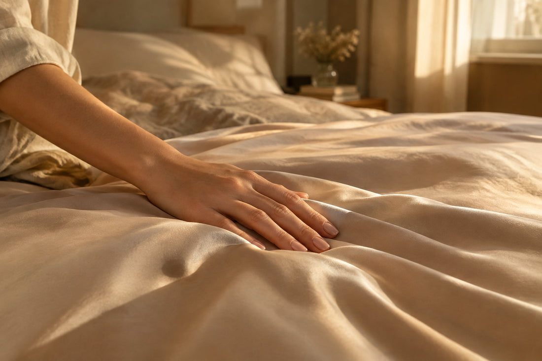 Hand sliding across a smooth oat-colored sateen bed sheet in morning light, the softest sheets are judged by fiber diameter rather than thread count