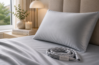 A luxurious Dreamey CloudThera™ pillowcase in Gentle Slate next to a neatly coiled protective braid on a clean, modern bed.