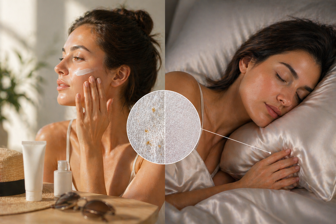 A luxurious Dreamey CloudThera pillowcase in Gentle Slate, shown next to a high-end moisturizer, emphasizing skin health and sleep.