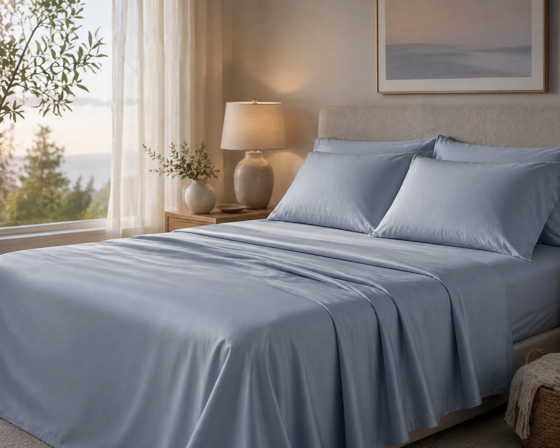 A Dreamey CloudThera™ sheet set in a calm, serene bedroom, hinting at cool, comfortable sleep for menopause relief.