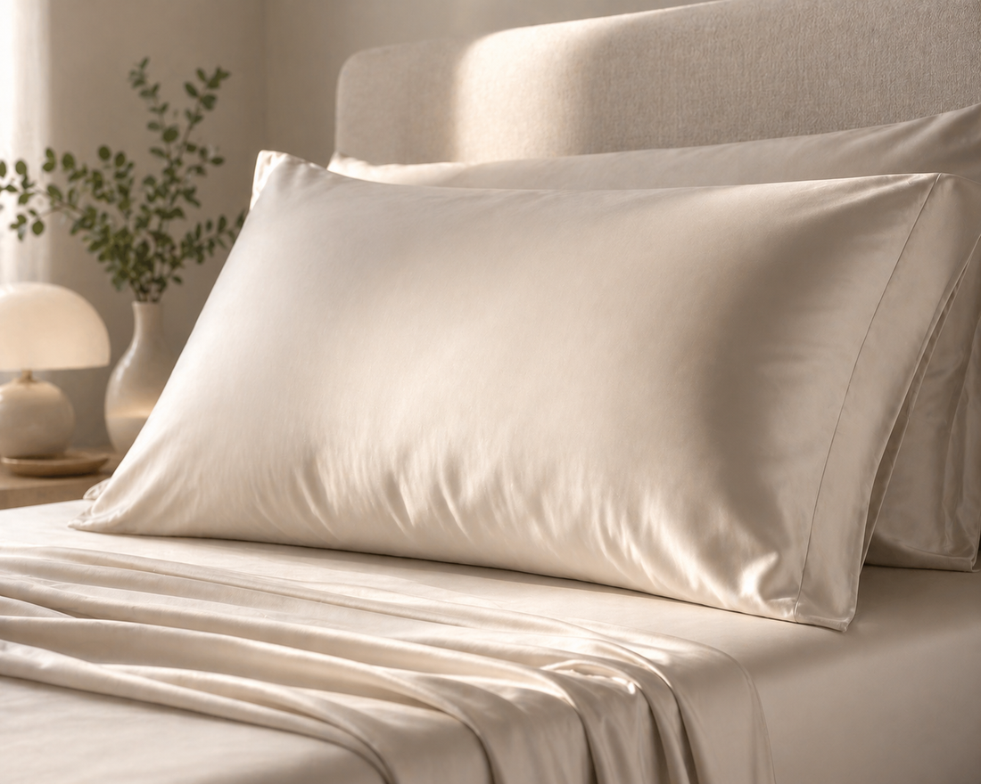 A luxurious Dreamey CloudThera pillowcase in a soft neutral color, highlighting its smooth, skin-friendly texture.