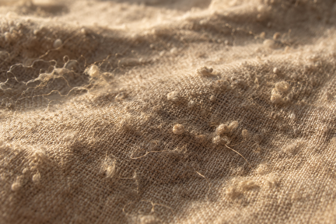 Macro view of a worn cotton bed sheet surface covered in small fiber pills and loose fiber ends, the texture behind the question why are my sheets pilling