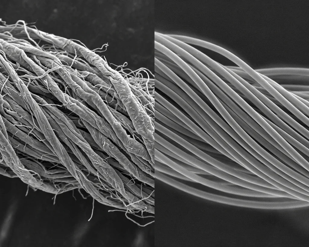 Electron microscope comparison of cotton and eucalyptus lyocell fibers